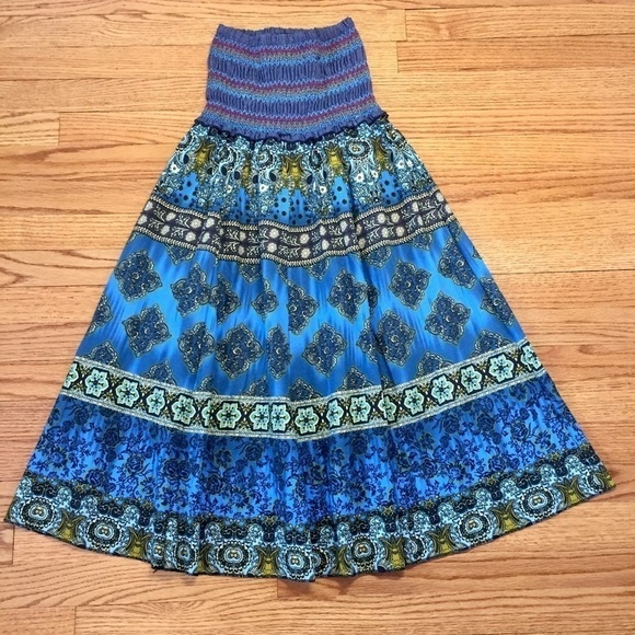 Boho Syle floral blue skater midi Smoked Skirt - Picture 11 of 16